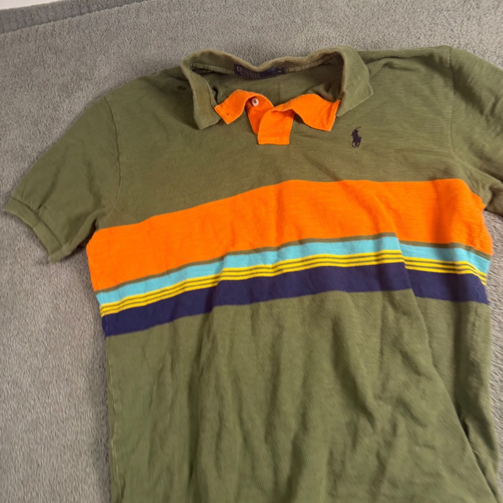 Polo Ralph Lauren Mens Medium Olive Green Multi Stripe Short Sleeve Polo Shirt